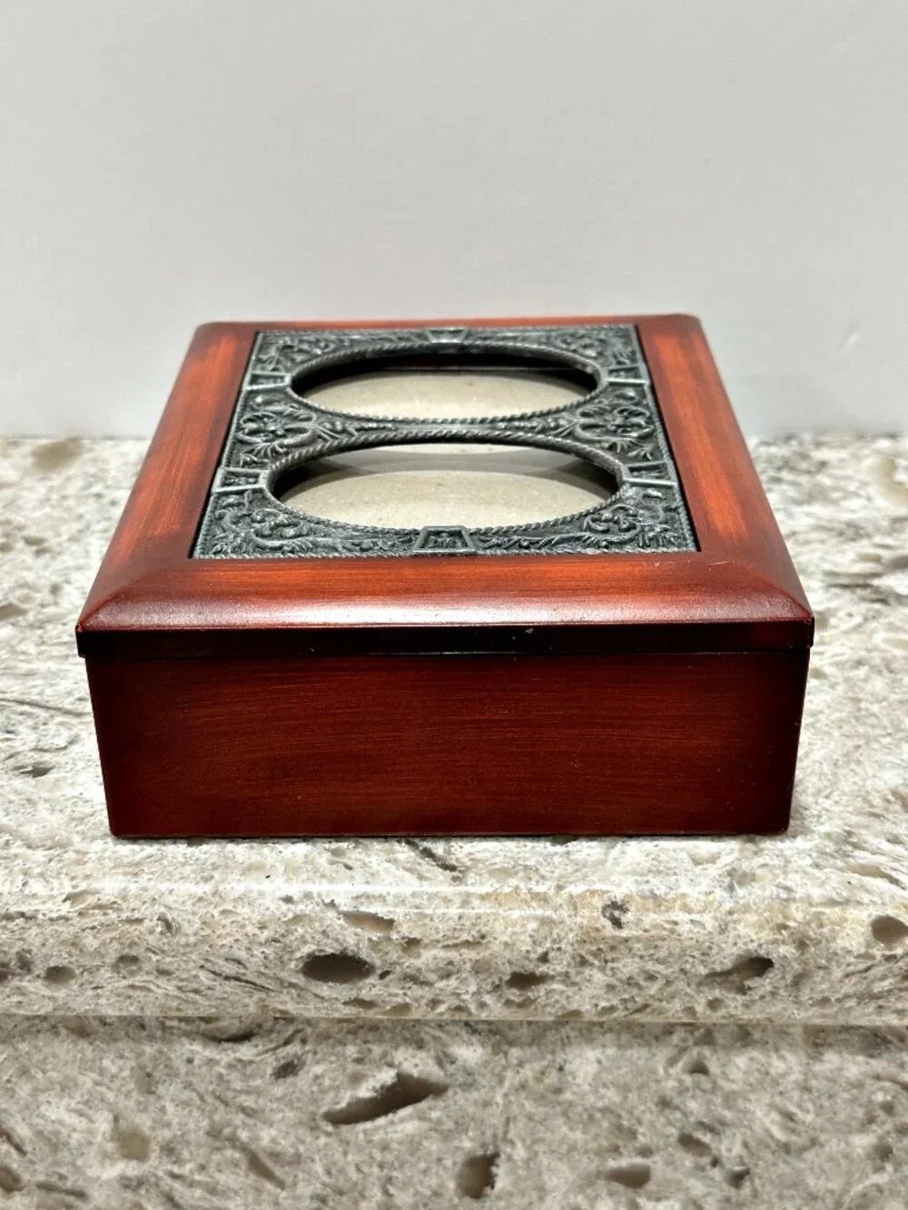 Wood Jewelry Keepsake Box with Ornate Pewter Double Oval Photo Frame Lid Vintage